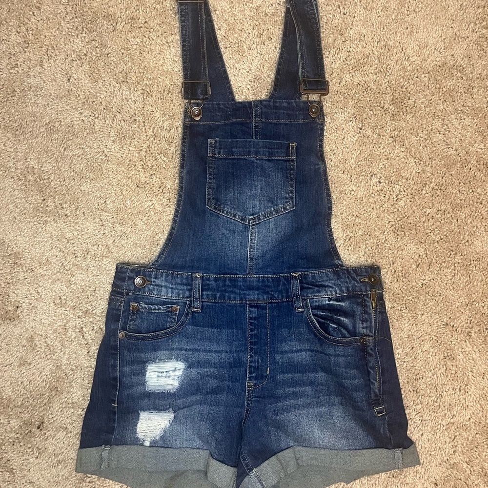 Dollhouse distressed dark wash overall shorts